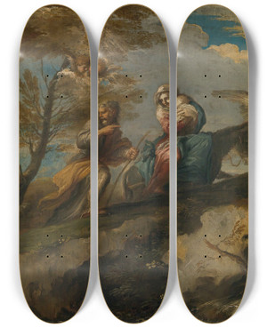 Triptych art skateboard deck of Giovanni Battista Ranieri Del Pace The Flight Into Egypt by Giovanni Battista Ranieri Del Pace (1681-1738)