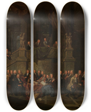 Triptych art skateboard deck of Balthasar Van Den Bossche The Reception Of Jan Karel De Cordes In The Guild Hall by Balthasar Van Den Bossche (1681-1715)