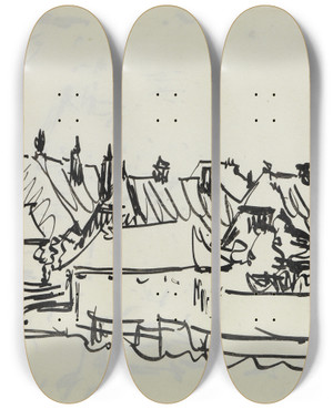 Triptych art skateboard deck of Ernst Ludwig Kirchner Dorf Auf Fehmarn by Ernst Ludwig Kirchner (1880-1938)