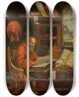 Triptych art skateboard deck of Antwerp School Saint Jerome In His Study With The Lion by Antwerp School