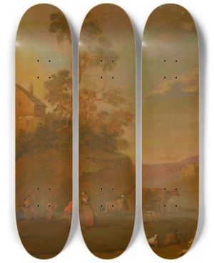 Triptych art skateboard deck of Norbert Joseph Carl Grund Early Evening by Norbert Joseph Carl Grund (1717-1767)