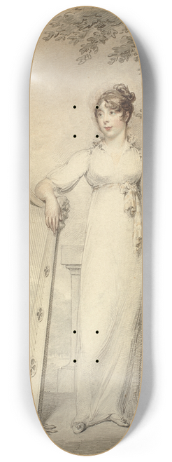 Henry Edridge - Full-length portrait of Miss V. Dupuis resting her arm on a harp. In the background a fountain and a landscape with deer 8.25 inch art skate deck