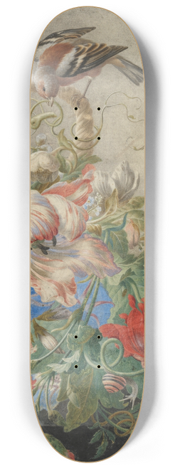 Herman Henstenburgh - A basket with flowers in a stone niche, with a barking dog and a bird 8.25 inch art skate deck