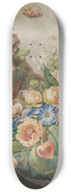 Herman Henstenburgh - A basket with flowers in a stone niche, with a monkey and a butterfly 8.25 inch art skate deck