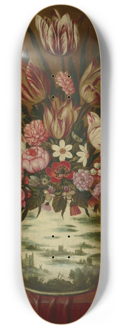 Hieronymus Wechinger - Still life with flowers in a porcelain vase on a draped table 8.25 inch art skate deck