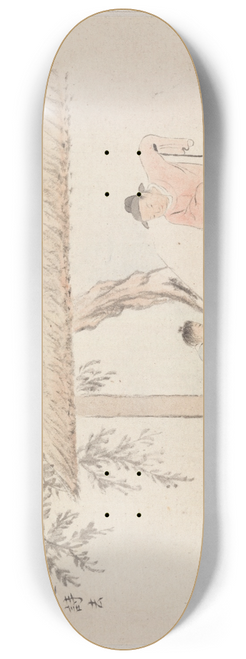 Hua Yan - A Man Sits at a Table before an Open Scroll; a Boy Mixes Ink 8.25 inch art skate deck