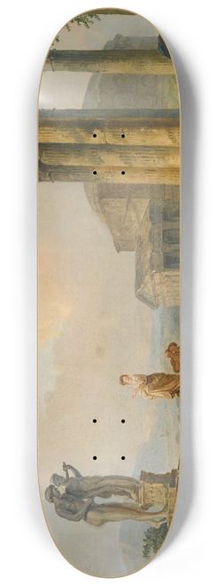 Hubert Robert - A Landscape With Shepherds And Shepherdesses Among Ancient Ruins, With The Statue Of Castor And Pollux And The Pantheon Beyond 8.25 inch art skate deck
