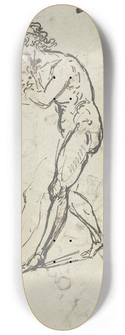 Jacob de Wit - Ausschreitende Figur mit vor der Brust verschrnkten Armen und leicht nach vorn gebeugtem Oberkrper, dazu ber das Blatt verstreute Federproben 8.25 inch art skate deck