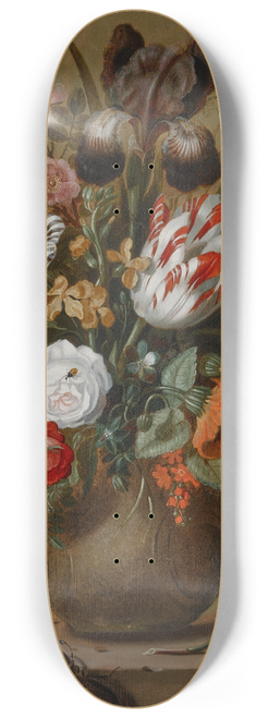 Jacob Marrel - Roses, tulips, an iris and other flowers in a stoneware vase on a ledge with a lizard, stag beetle and snail 8.25 inch art skate deck