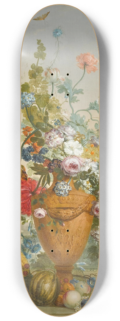 Jacobus Linthorst - A Vase OfPeonies, Chrysanthemums And A Carnation With Exotic Fruits In A Garden 8.25 inch art skate deck
