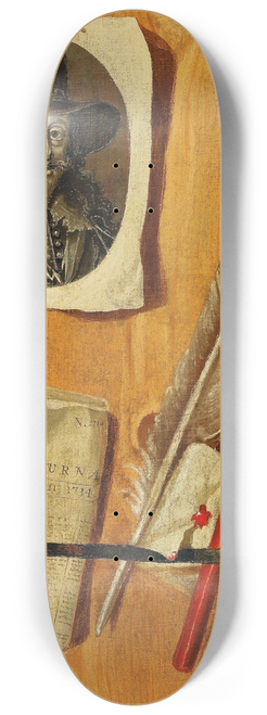 Jacobus Plasschaert - A trompe-loeil painting with an engraved portrait of King Charles I, an issue of Fogs Journal, dated 1734, a quill pen and sealing wax, held against a wooden backboard 8.25 inch art skate deck