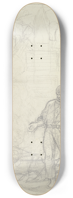 Jakob Becker - Ein Mann an einem zu Wasser gelassenen Boot, das Ruder in der Hand haltend, im Hintergrund der Wormser oder Speyerer Dom 8.25 inch art skate deck