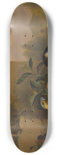 Jakob Bogdny - An Extensive Landscape With A Capuchin Squirrel Monkey, Two Guinea Pigs, A Blue Tit And An Amazon St. Vincent Parrot 8.25 inch art skate deck