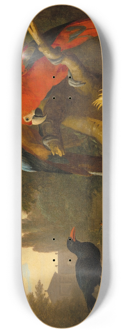 Jakob Bogdny - Two macaws, a cockatoo, a red-billed chough and other birds in a landscape with fruit 8.25 inch art skate deck