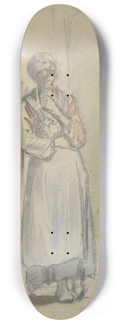 Jakob Frchtegott Dielmann - Eine Frau steht mit der rechten Schulter an die Haustr angelehnt, die linke Hand greift in das Dekollet 8.25 inch art skate deck
