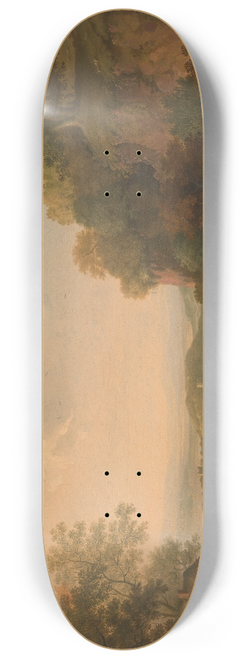 James Lambert of Lewes - A River Scene with Thatched Huts by a Bridge over a Weir 8.25 inch art skate deck