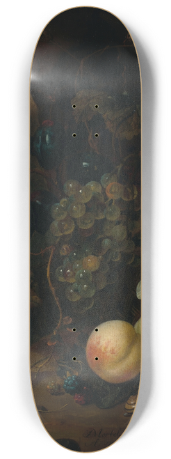 Jan Mortel - Fruit in a wicker basket, with a snail, a dragonfly and a mouse, on a rock, a landscape beyond 8.25 inch art skate deck