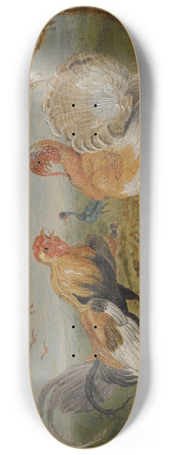 Jan Van Kessel The Elder - A Landscape With A Cockerel And A Turkey Squabbling, And Other Fowl 8.25 inch art skate deck