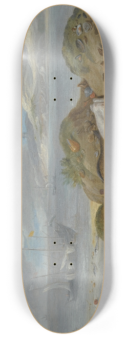 Jan Van Kessel The Elder - Still Life With Cuttle Fish, Plaice, Cod, Mussels And Other Fish On A Dune, A Church Across A River Estuary Beyond 8.25 inch art skate deck