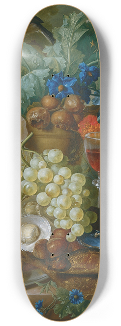 Jan Van Os - Still Life With Fruit And Flowers, Together With Oysters, Mussels, A Glass Of Wine, A Decanter And Other Objects On A Stone Ledge 8.25 inch art skate deck