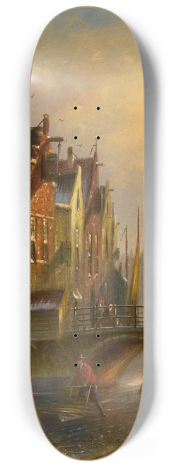 Johannes Franciscus Spohler - Skaters on a canal in Amsterdam with a view of the Zuiderkerk beyond 8.25 inch art skate deck