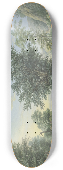 Johann Georg Pforr - Rich landscape with trees, meadows and villages, in the front left a hut with a well and many figures 8.25 inch art skate deck