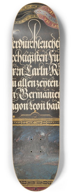 Joris Hoefnagel - The Burning of Troy; Banner of the House of Hapsburg 8.25 inch art skate deck