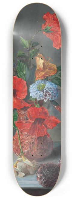 Jos Mara Bracho Murillo - Hibiscus, Freesias, Dahlias, and Bluebells on a marble topped sideboard 8.25 inch art skate deck