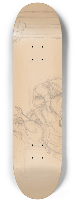 Jzef Simmler - A woman with two children with a hand extended in a gesture of begging 8.25 inch art skate deck
