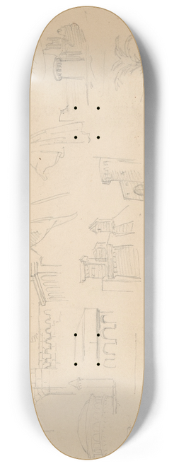 Jzef Simmler - Sketches of medieval defensive structures and male figures with turbans 8.25 inch art skate deck