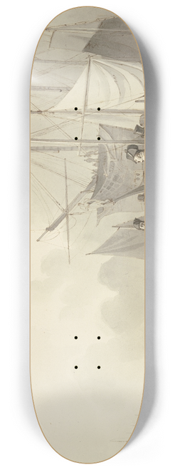 Leendert de Koningh - Am Strand liegen viele Schiffe, ein Schiffskapitn in Uniform geht nach links mit mehreren Personen und einem Hund 8.25 inch art skate deck