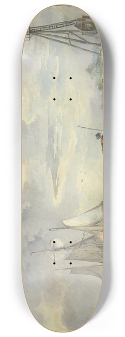 Leendert de Koningh - Ruhige See, die Sonne geht auf, im Vordergrund steuert ein Boot mit mehreren Personen zwei Schiffen zu, rechts am Ufer die Laterne 8.25 inch art skate deck