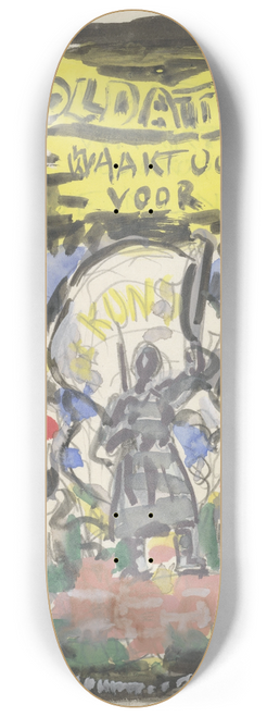 Leo Gestel - Ontwerpschets affiche voor propaganda kunstbescherming in het leger, schets van soldaat frontaal gezien staand op een bakstenen muurtje, erboven de tekst Soldaten ! waakt ook voor Kunst. 8.25 inch art skate deck