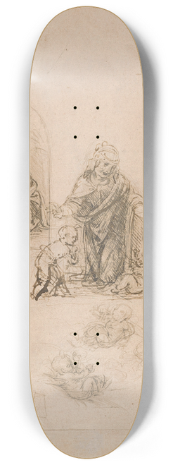 Leonardo da Vinci - Compositional Sketches for the Virgin Adoring the Christ Child, with and without the Infant St. John the Baptist; Diagram of a Perspectival Projection 8.25 inch art skate deck