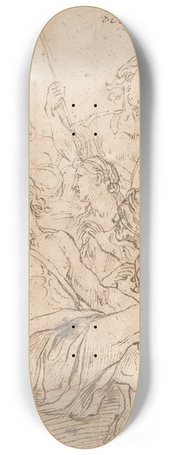 Luca Giordano - Fragment of a Composition with a Reclining Semi-Nude Man Surrounded by Soldiers and Other Onlookers in a Landscape 8.25 inch art skate deck