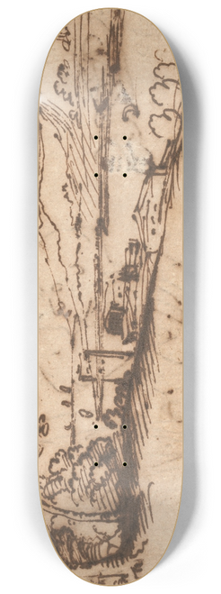 Annibale Carracci - An extensive coastal landscape with a procession of figures in the foreground and buildings on the water 8.25 inch art skate deck