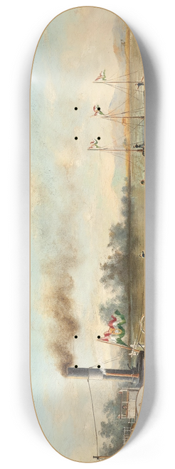 Ludwig Rubelli von Sturmfest - Tugboat TORONTL with Ships and Barges on a Southern Hungarian River, probably the Danube 8.25 inch art skate deck