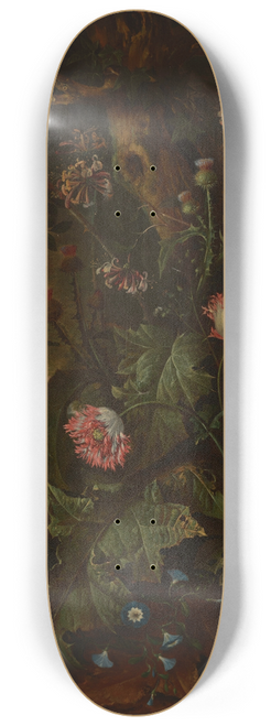 Matthias Withoos - A forest floor with a weasel, mouse, opium poppy and thistle, a view of Rome in the background 8.25 inch art skate deck