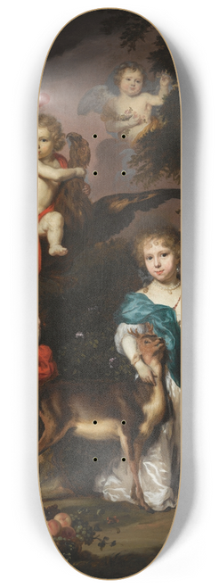 Nicolaes Maes - Pastoral Family Portrait of Four Children, Personifying Mythological Figures, Including Ganymede, And Diana With a Deer 8.25 inch art skate deck