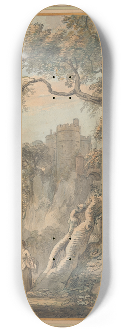 Paul Sandby - Romantic Landscape  Peasants at the Foot of a Castle on a Crag 8.25 inch art skate deck