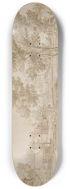 Pauwels van Hillegaert - A Landscape with Houses on the Bank of a River 8.25 inch art skate deck
