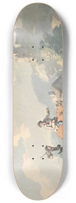 Peter La Cave - Composition: two travellers and a dog on a road passing cottages, with ruins on a hill 8.25 inch art skate deck