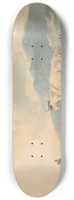 Peter La Cave - Mountain Landscape: with cows and goats foreground and figures, left 8.25 inch art skate deck
