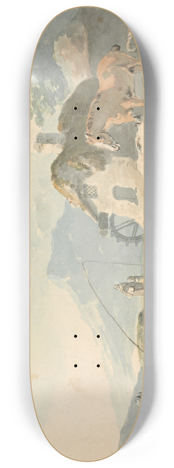 Peter La Cave - Rustic Scene: man fishing, left: cottage with water-mill and horses right 8.25 inch art skate deck