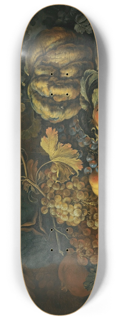 Roman School - A Still Life With Melons, Apples, Black And Green Grapes, A Pomegranate And Birds On A Forest Floor, A Landscape Beyond With A Town On The Horizon 8.25 inch art skate deck