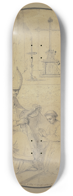 Theodoor Rombouts - Ein junger Geistlicher mit Heiligenschein wird von einem Bischof mit einem Gewand bekleidet, rechts ein Krieger mit einem Schwert 8.25 inch art skate deck