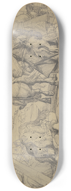 Theodor Alt - Szene aus dem Dreiigjhrigen Krieg; Im Vordergrund ein Erschlagener, drei davonziehende, plndernde Soldaten in der Tracht des 17. Jahrhunderts 8.25 inch art skate deck