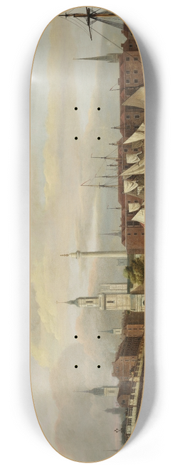 Thomas Luny - Merchant shipping at the wharfside below Old London Bridge, with the Church of St. Magnus the Martyr and Wrens Monument 8.25 inch art skate deck
