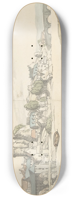 Thomas Rowlandson - View of town on a river (Carwitham Castle) 8.25 inch art skate deck