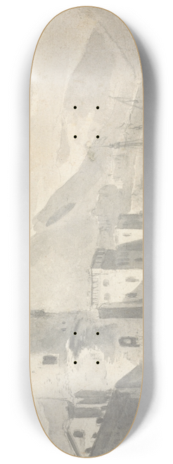 Thomas Wijck - Fortified Buildings rising Steeply from a River Bank with Boat centre and distant Mountains 8.25 inch art skate deck